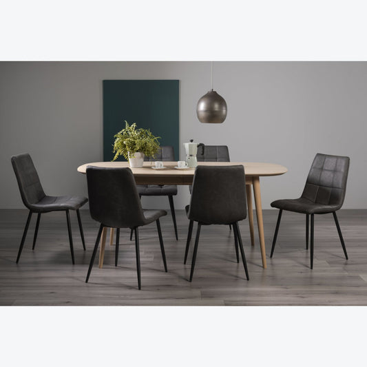 6-8 Seater 175/215cm Extending White Scandi Oak Table Set with 6 Dark Grey Faux Leather Chairs featuring Black Legs and a Square Pattern