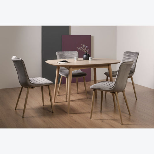 4 Seater 129cm White Scandi Oak Table Set and 4 Grey Velvet Fabric Chairs Featuring Rustic Oak Effect Legs