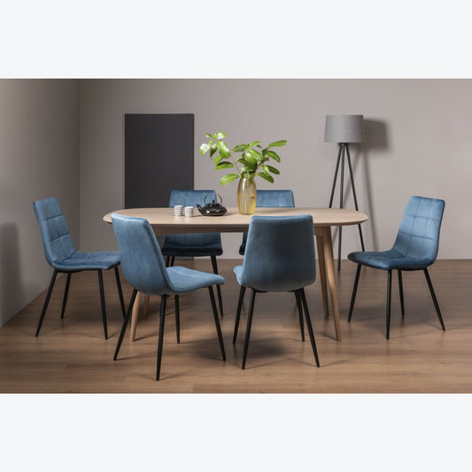 6 Seater 175cm White Scandi Oak Table Set with 6 Petrol Blue Velvet Chairs Featuring Black Legs and Square Pattern