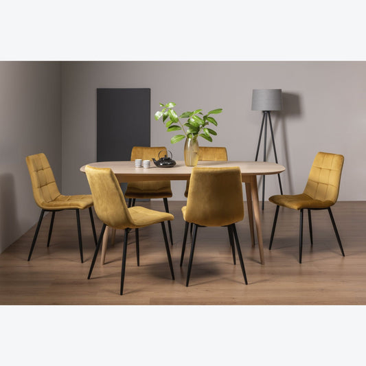 6 Seater 175cm White Scandi Oak Table Set and 6 Mustard Velvet Chairs with Black Legs and Square Pattern