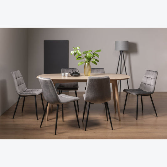 6 Seater 175cm White Scandi Oak Table Set with 6 Light Grey Velvet Frabric Chairs featuring Black Legs and a Square Pattern