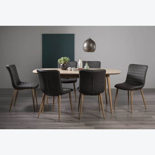 6-8 Seater 175/215cm Extending White Scandi Oak Table Set with 6 Dark Grey Faux Leather Chairs Featuring Oak Effect Legs and a Horizontal Pattern