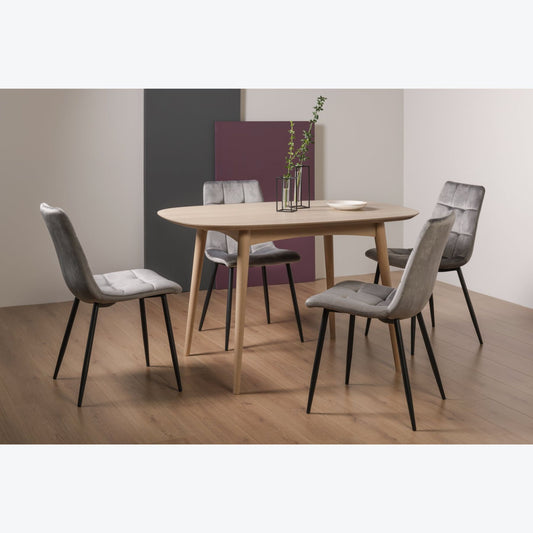 4 Seater 129cm White Scandi Oak Table Set and 4 Light Grey Velvet Chairs Featuring Black Legs and Square Pattern