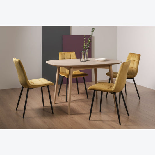 4 Seater 129cm White Scandi Oak Table Set and 4 Mustard Square Patterned Velvet Chairs Featuring Black Legs and Square Pattern