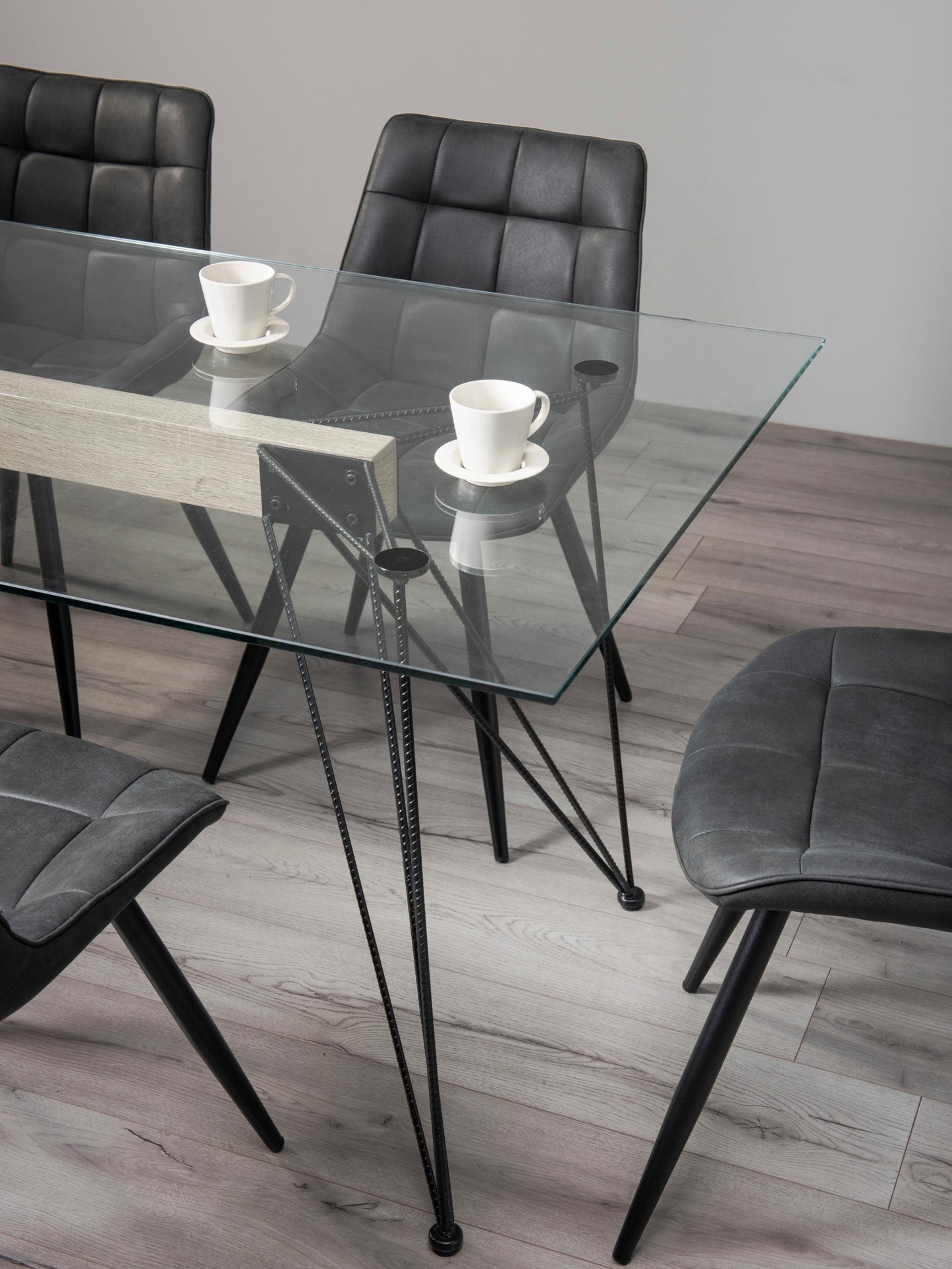 6 Seater Rectangle 160cm Tempered Glass Dining Table Set with 6 Grey Faux Suede Chairs Featuring Black Metal Legs and Square Stitched Upholstery