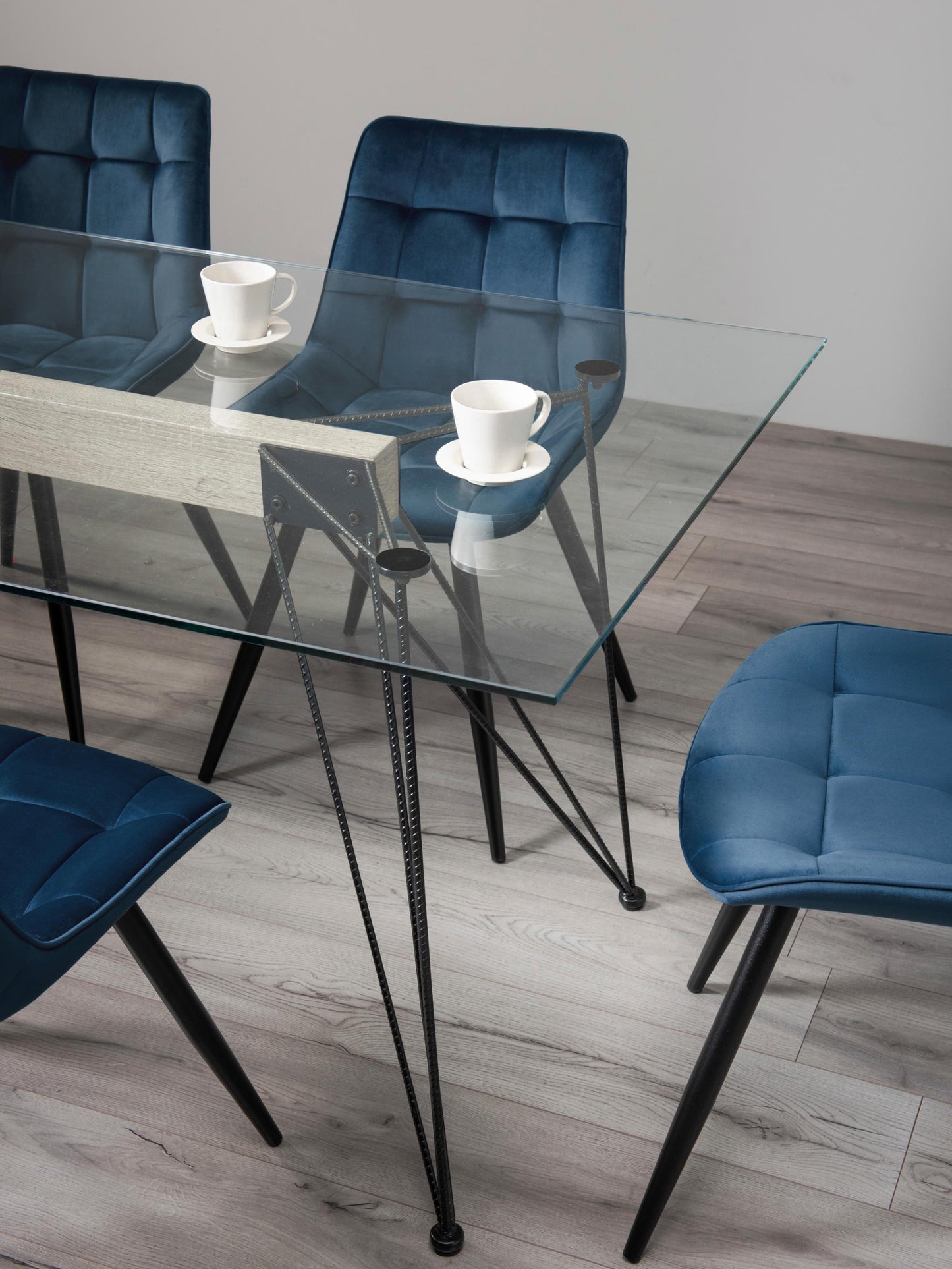 6 Seater Rectangle 160cm Tempered Glass Dining Table Set with 6 Blue Velvet Chairs Featuring Black Metal Legs and Square Stitched Upholstery