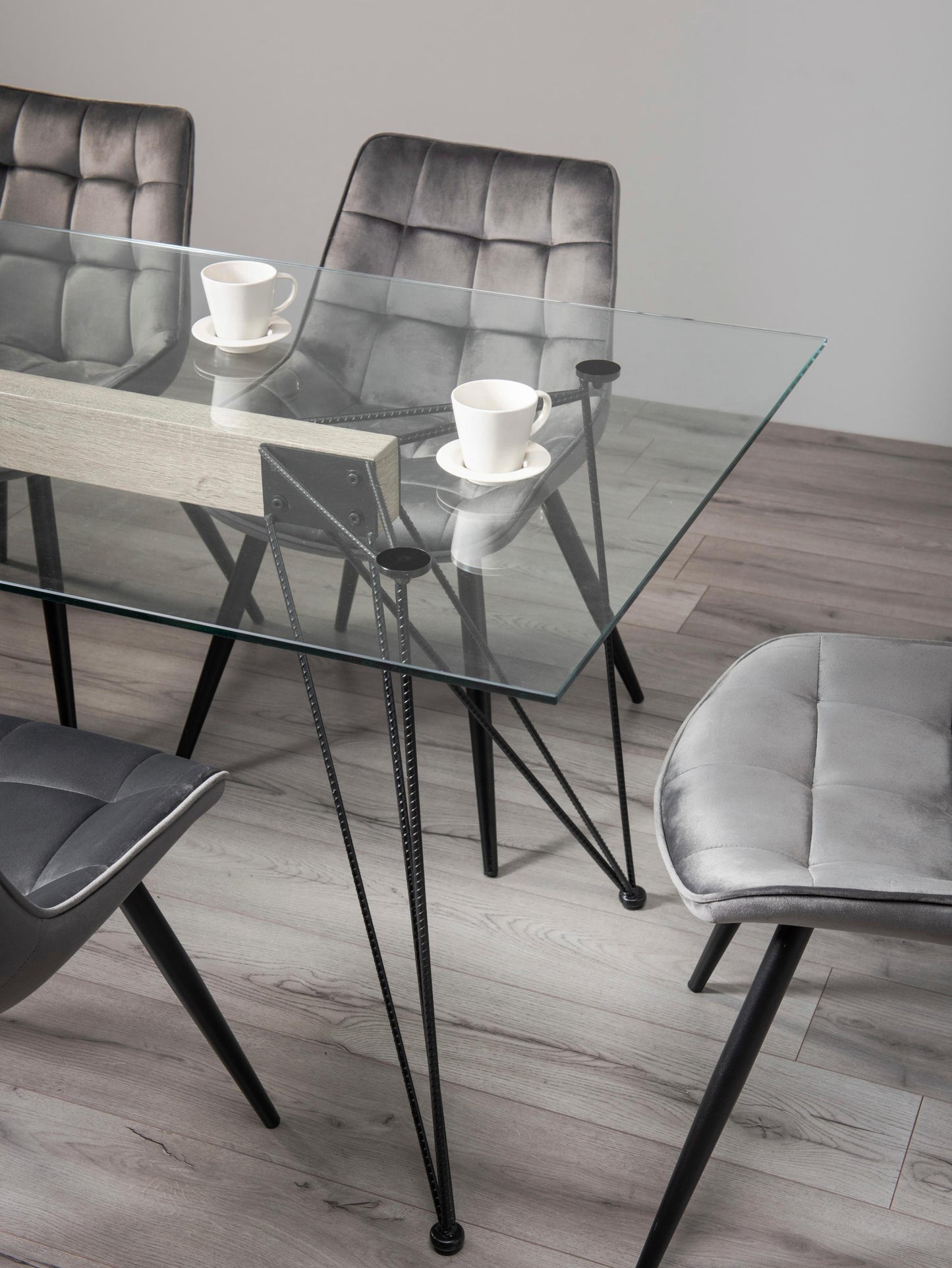 6 Seater Rectangle 160cm Tempered Glass Dining Table Set with 6 Light Grey Velvet Chairs Featuring Black Metal Legs and Square Stitched Upholstery