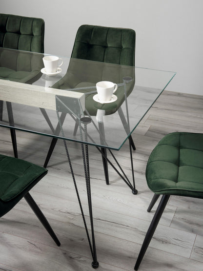 6 Seater Rectangle 160cm Tempered Glass Dining Table Set with 6 Green Velvet Chairs Featuring Black Metal Legs and Square Stitched Upholstery