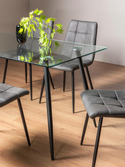 4 Seater Rectangle 140cm Tempered Glass Dining Table Set with 4 Dark Grey Faux Leather Chairs