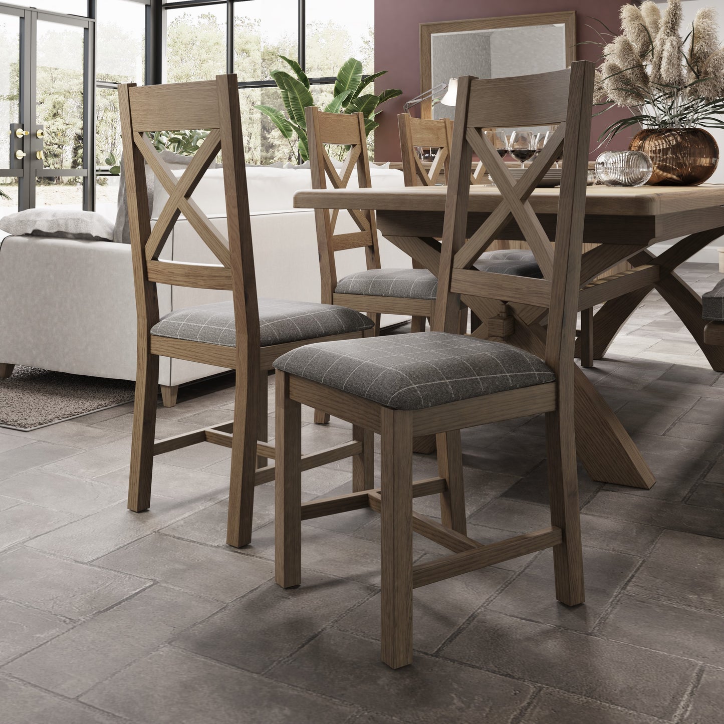 Set of 2 - Grey Cross Backed Oak Dining Chair