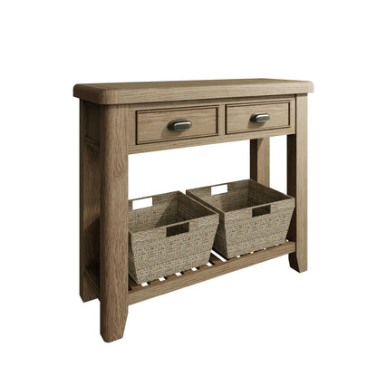 Warm Oak Console Table with 2 Drawers and Magazine Rack with 2 Baskets