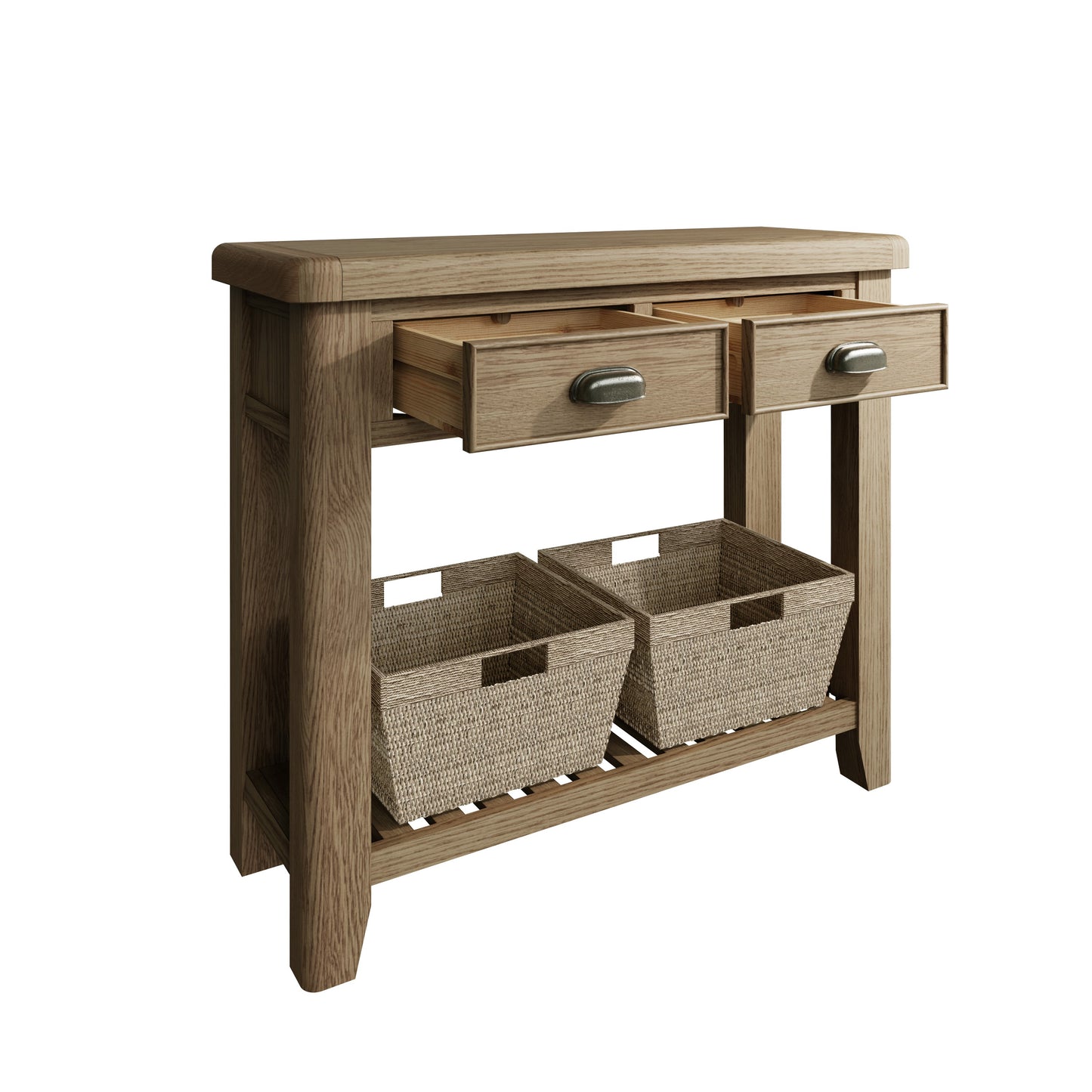 Warm Oak Console Table with 2 Drawers and Magazine Rack with 2 Baskets