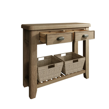 Warm Oak Console Table with 2 Drawers and Magazine Rack with 2 Baskets