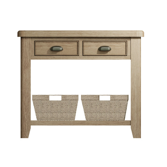 Warm Oak Console Table with 2 Drawers and Magazine Rack with 2 Baskets