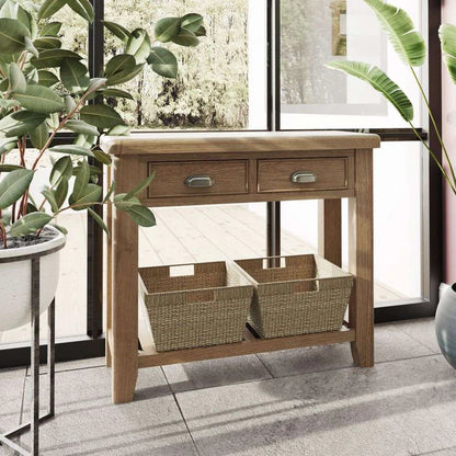 Warm Oak Console Table with 2 Drawers and Magazine Rack with 2 Baskets