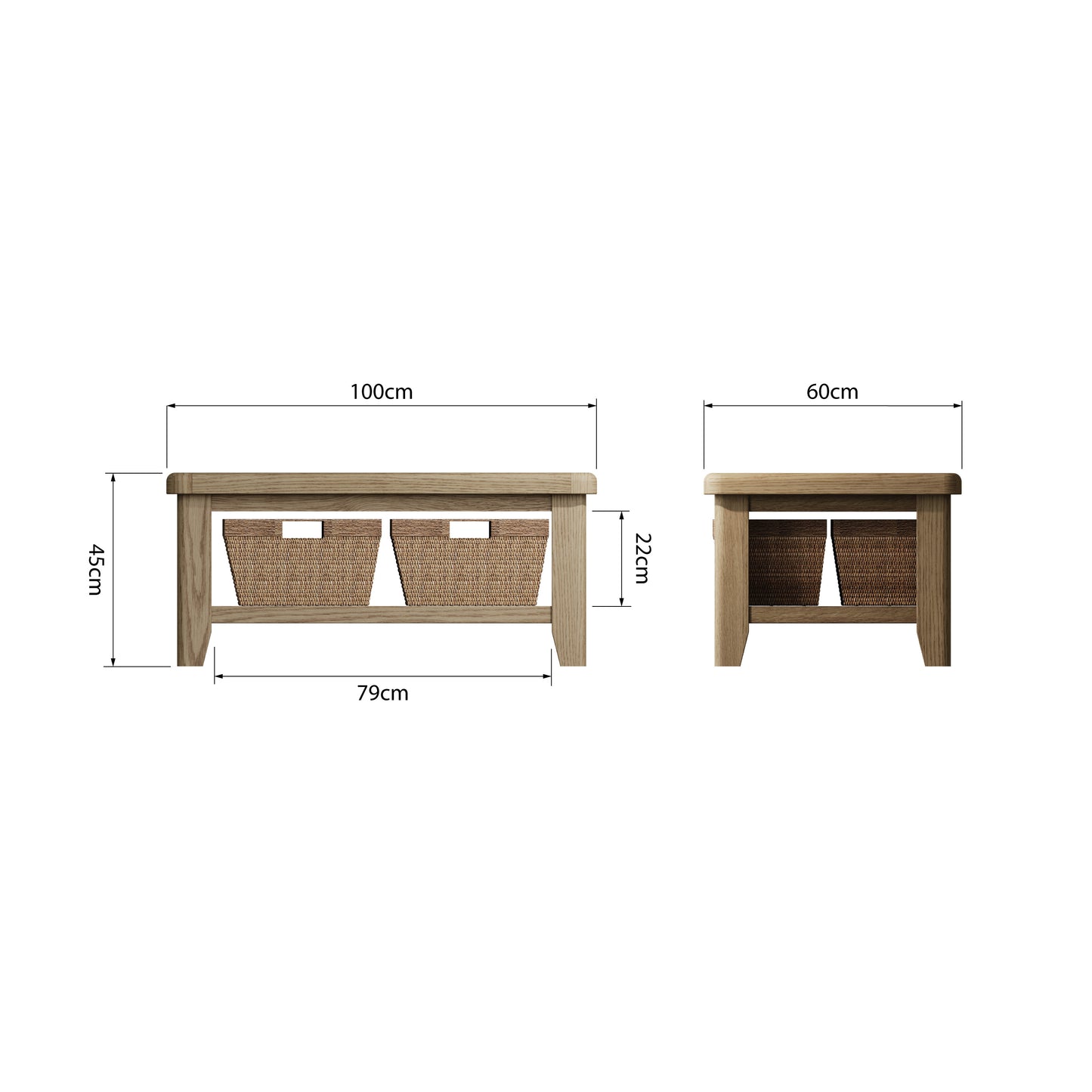 Chunky Smoked Oak Coffee Table with Magazine Rack & 2 Baskets